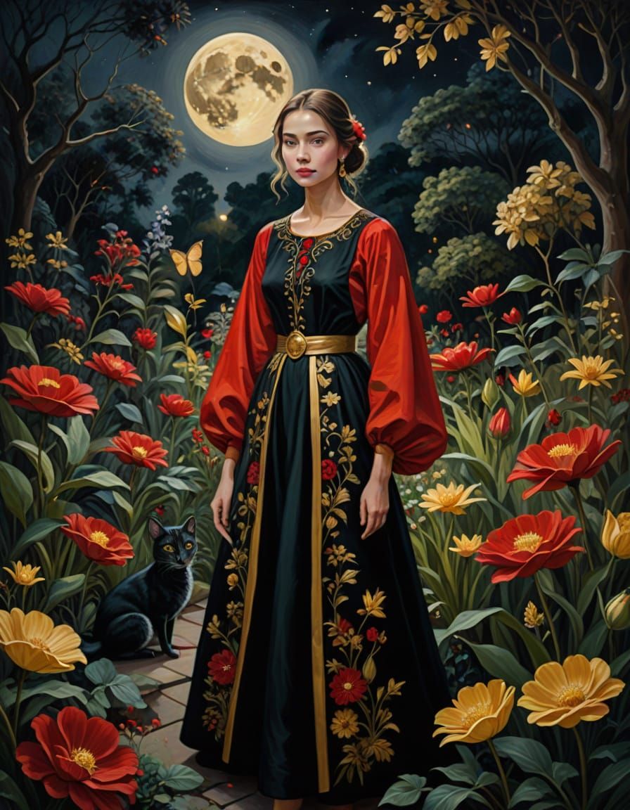 Confident Beauty in Moonlit Garden