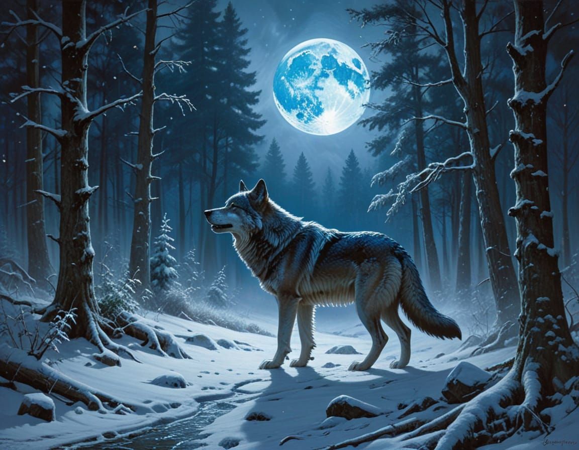 Lone Wolf Howling at Cerulean Moon as Matte Painting