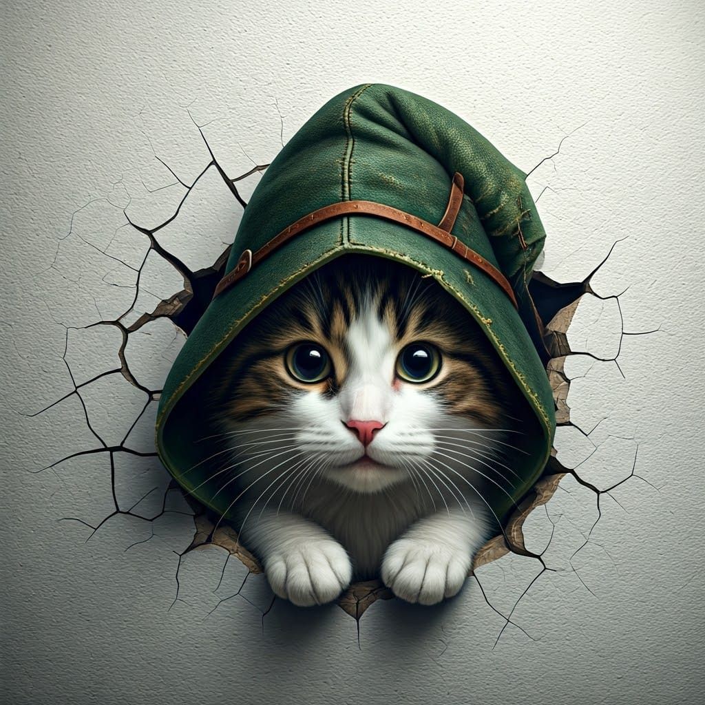 Out of the hole, a white and brown, fluffy cat peers curiously, its big ears perked up and a gentle smile on its face.