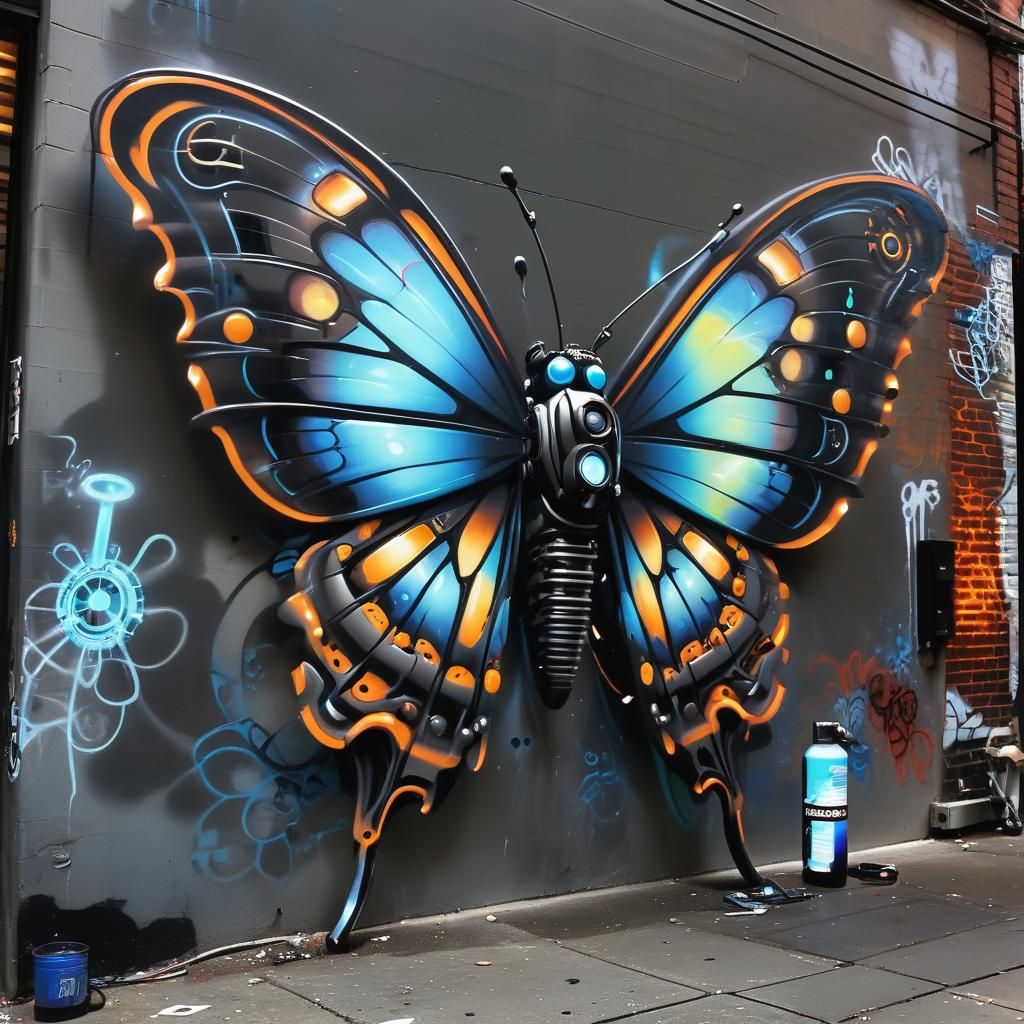 Mechanical Butterfly Graffiti Artist in Steampunk Style