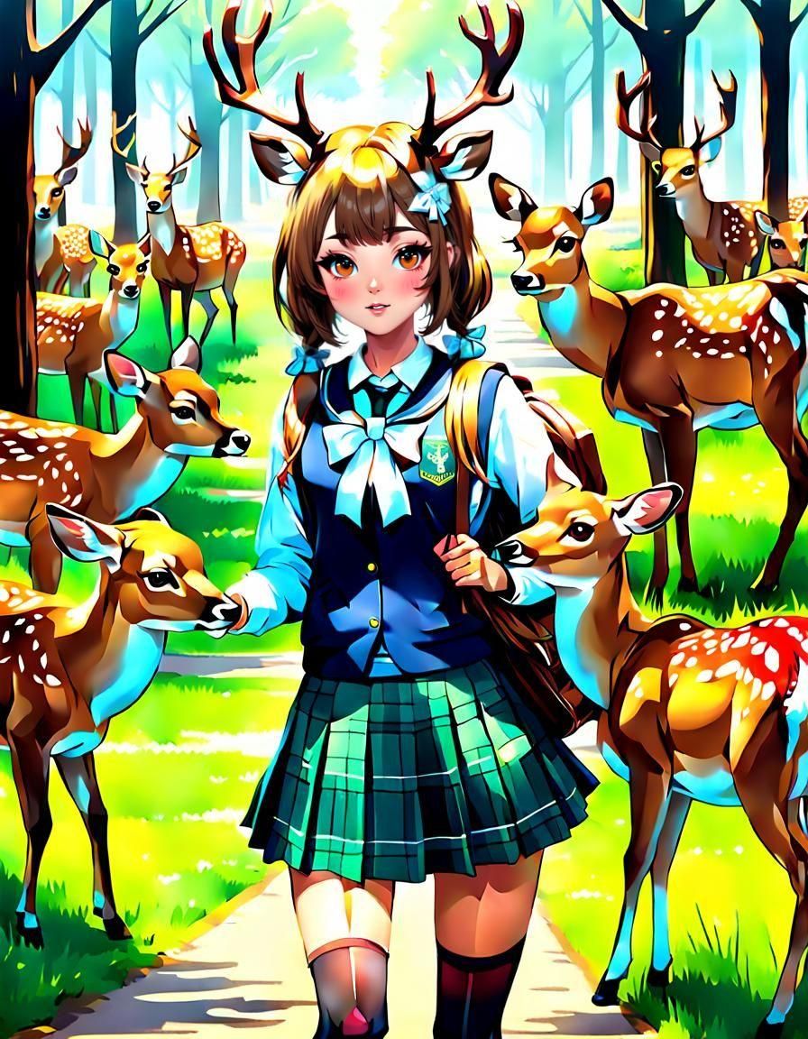 Deer Schoolgirl Illustration