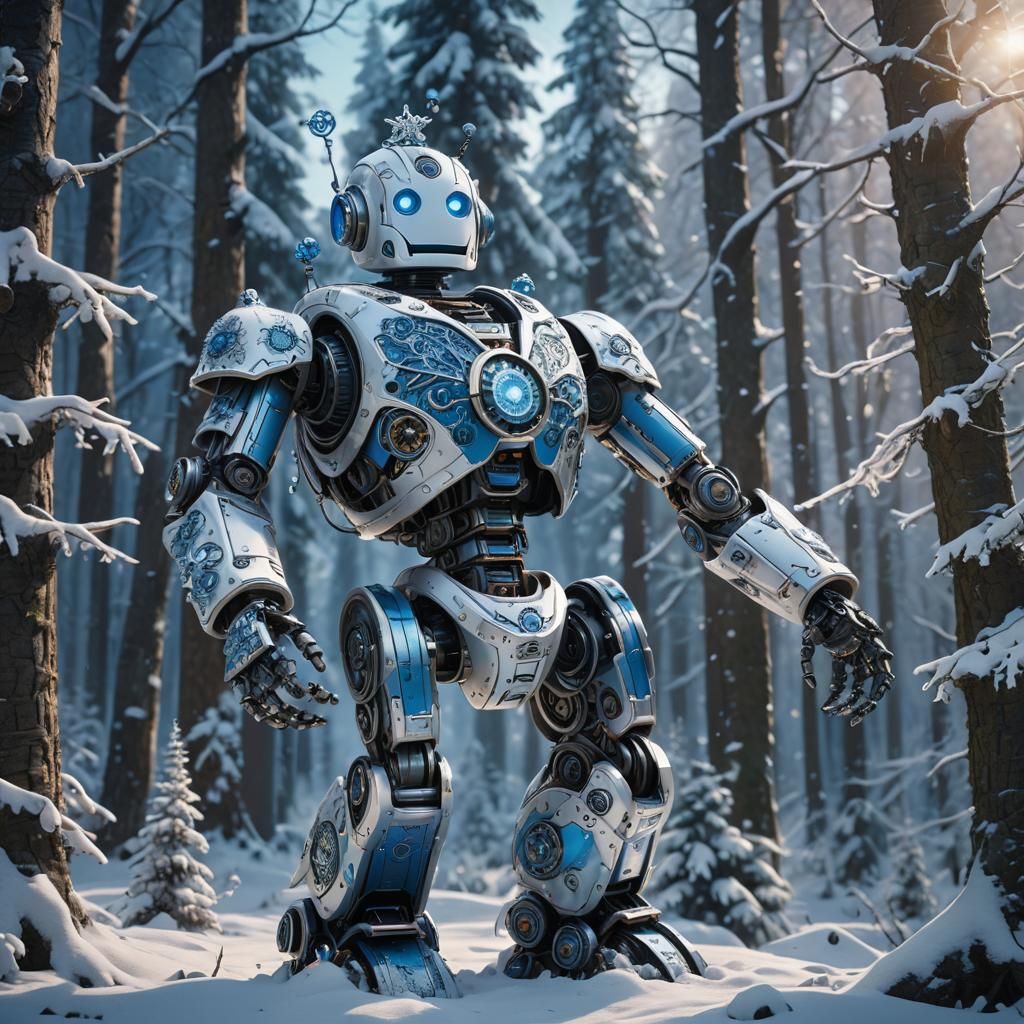 Ornate Robot Snowman in Mystical Forest