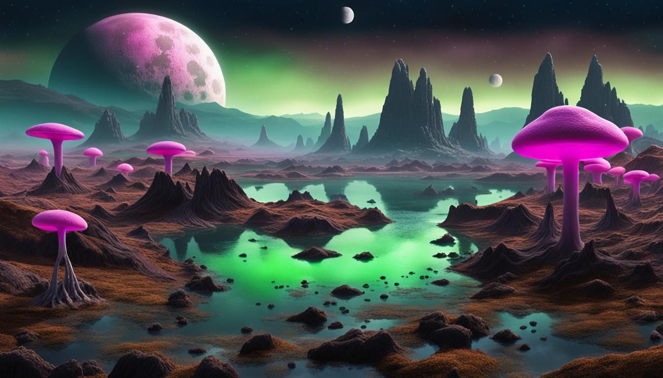 Alien Landscape with Zeta Reticulan and Mushrooms