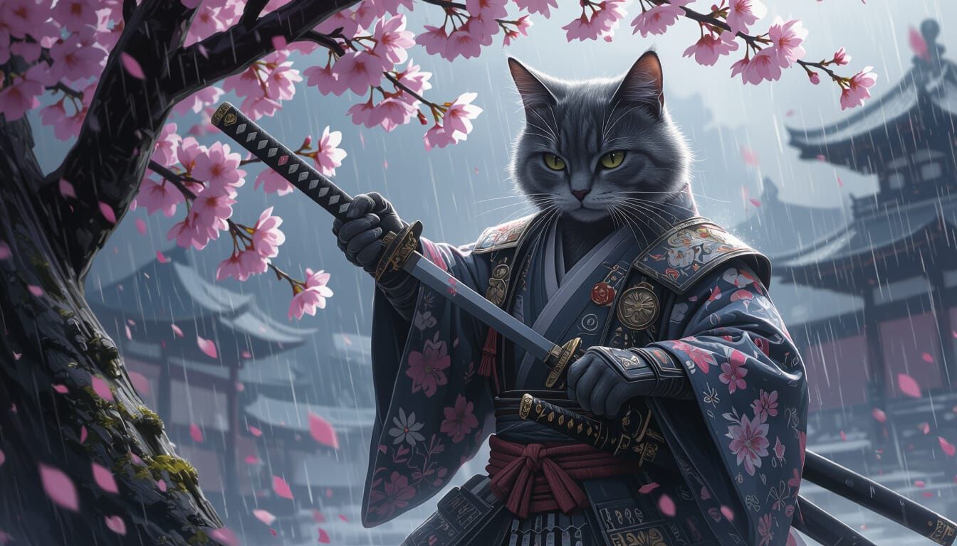 Cat Samurai in Cherry Blossom Storm
