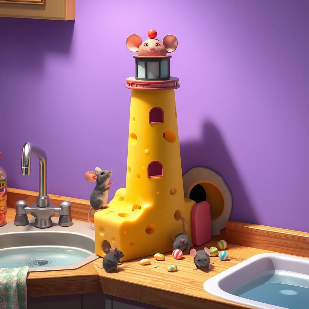 Cheesy Lighthouse Delight in Whimsical Candy Art Style