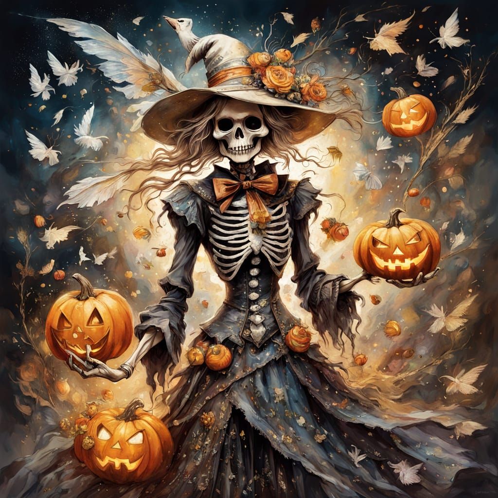 Skeleton Scarecrow with Ghosts and Ghouls