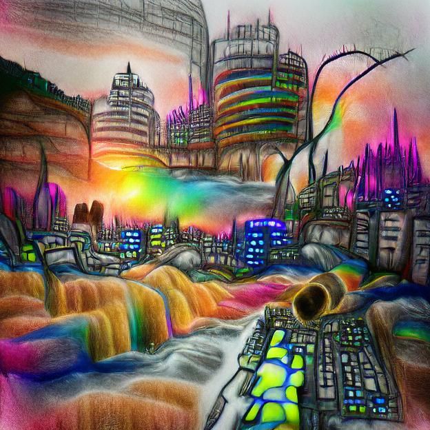 Golden Cyberpunk City at Sunset with Rainbow Lights