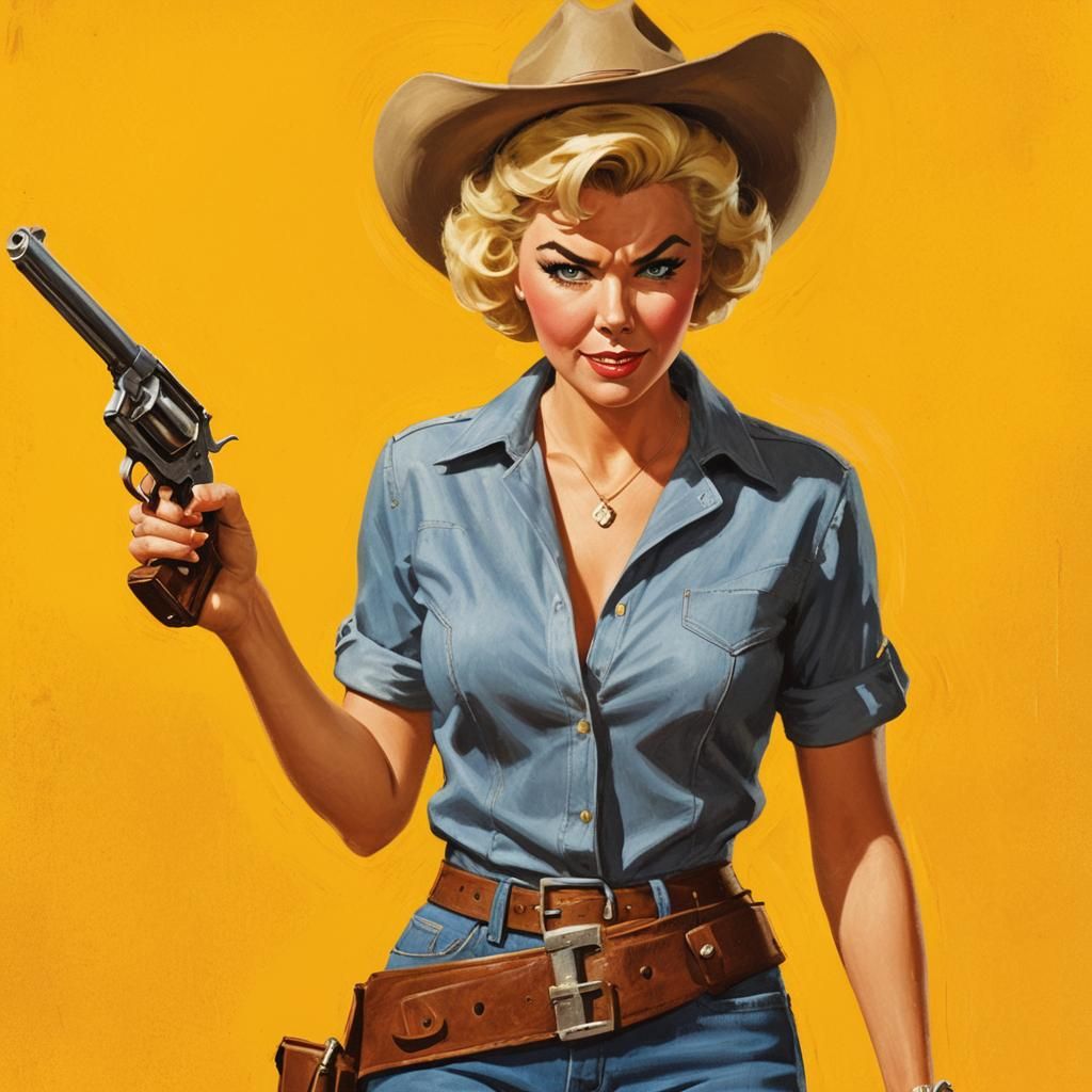 Defiant Cowgirl with Revolver in Comic Book Style