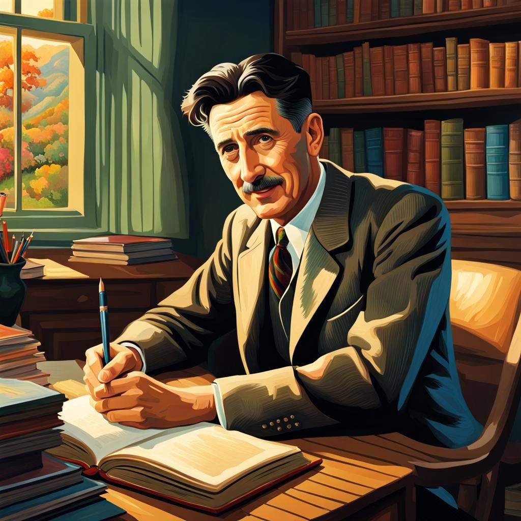 An illustration of George Orwell writing a book