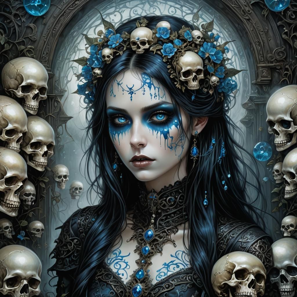Gothic Punk Girl with Blue Bioluminescent Skulls