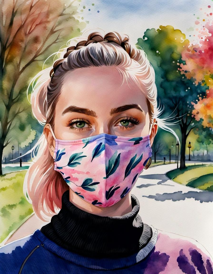 Curvy German Woman with Mask in Watercolor Style