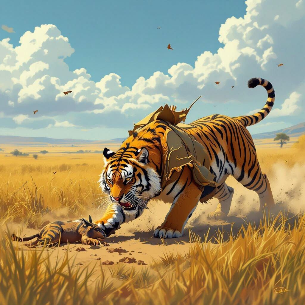 Tiger Pouncing in Sun-Drenched Savannah