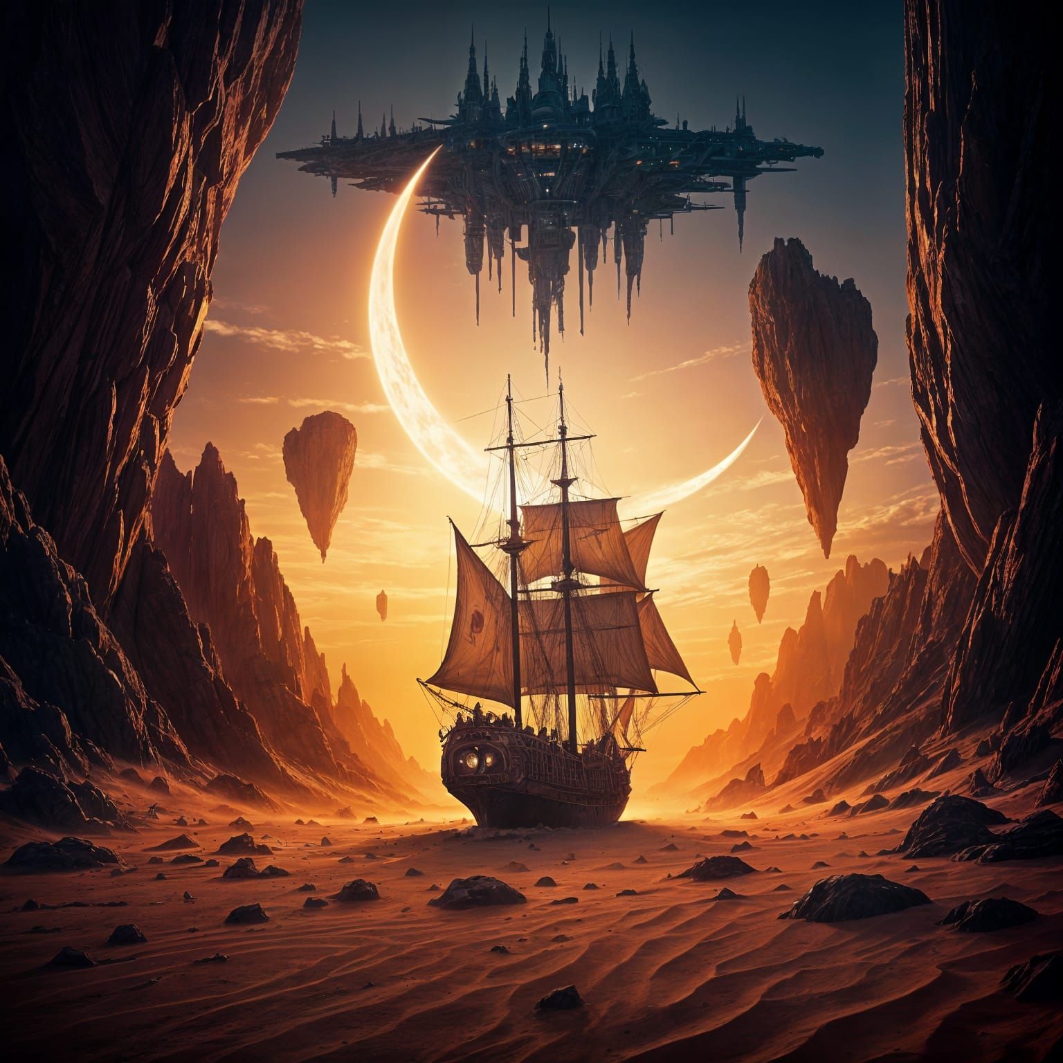 Surreal Warhammer 40K Dreamscape: City on Crescent Moon