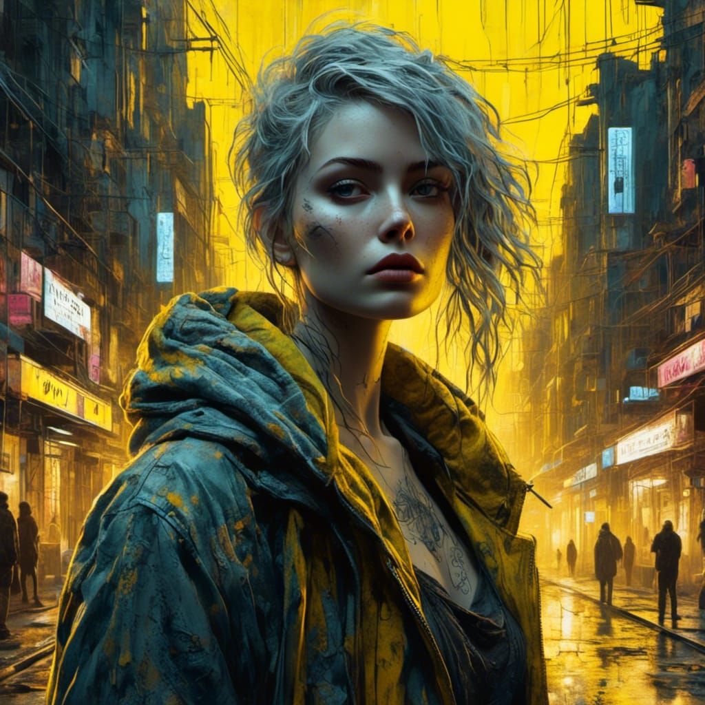 Cyberpunk Woman in Neon Alley, Gustave Doré Style