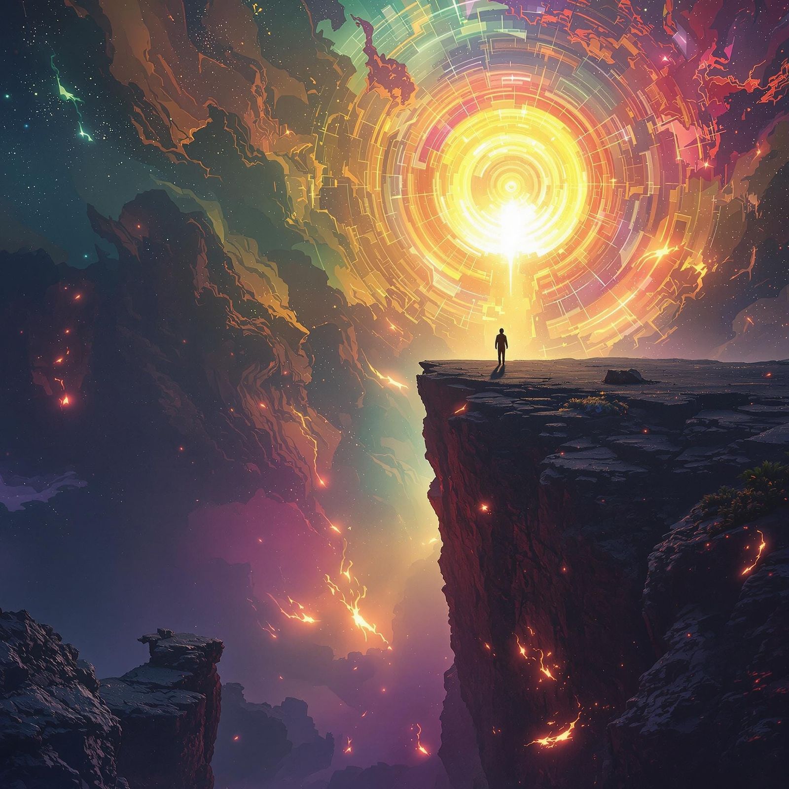 Ethereal Figure at Glowing Precipice in Matte Painting