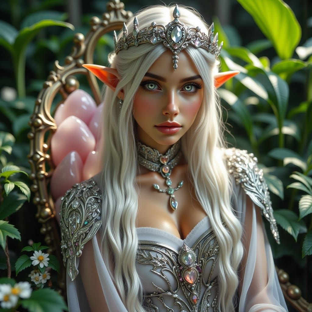 Majestic Elven Queen on Rose Quartz Throne