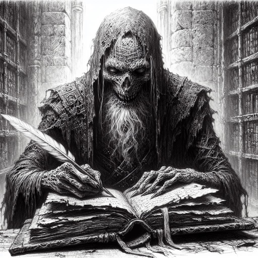 Undead Scribe in Ancient Library: Pencil Sketch