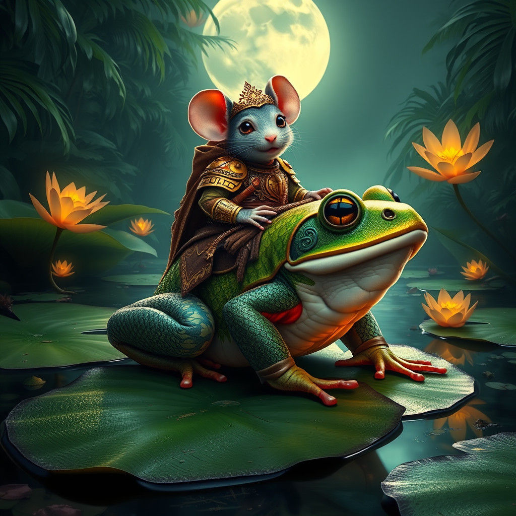 Mouse in Armor Rides Frog in Fantasy Landscape