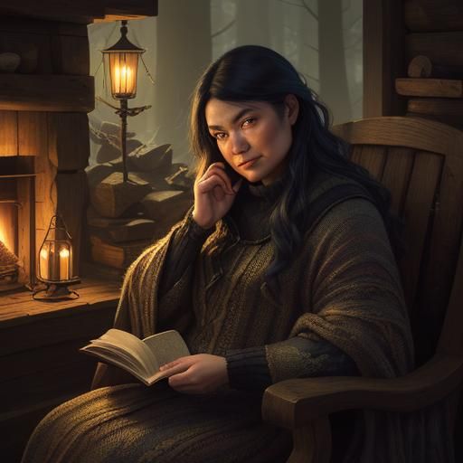 Cozy Cabin Scene with Woman, Cat and Dragon