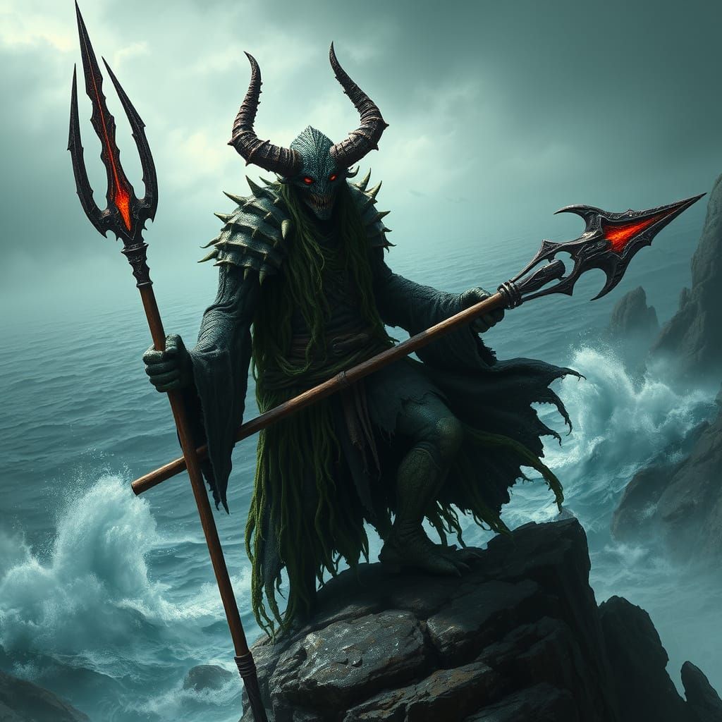 Dark Biomechanical Sea Demon Standing Heroically on Rocky Cl...