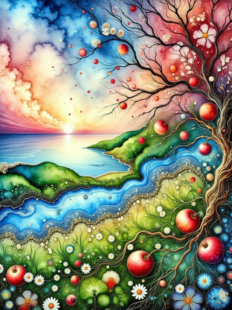 Vibrant Orchard Landscape with Apple Trees and Lake