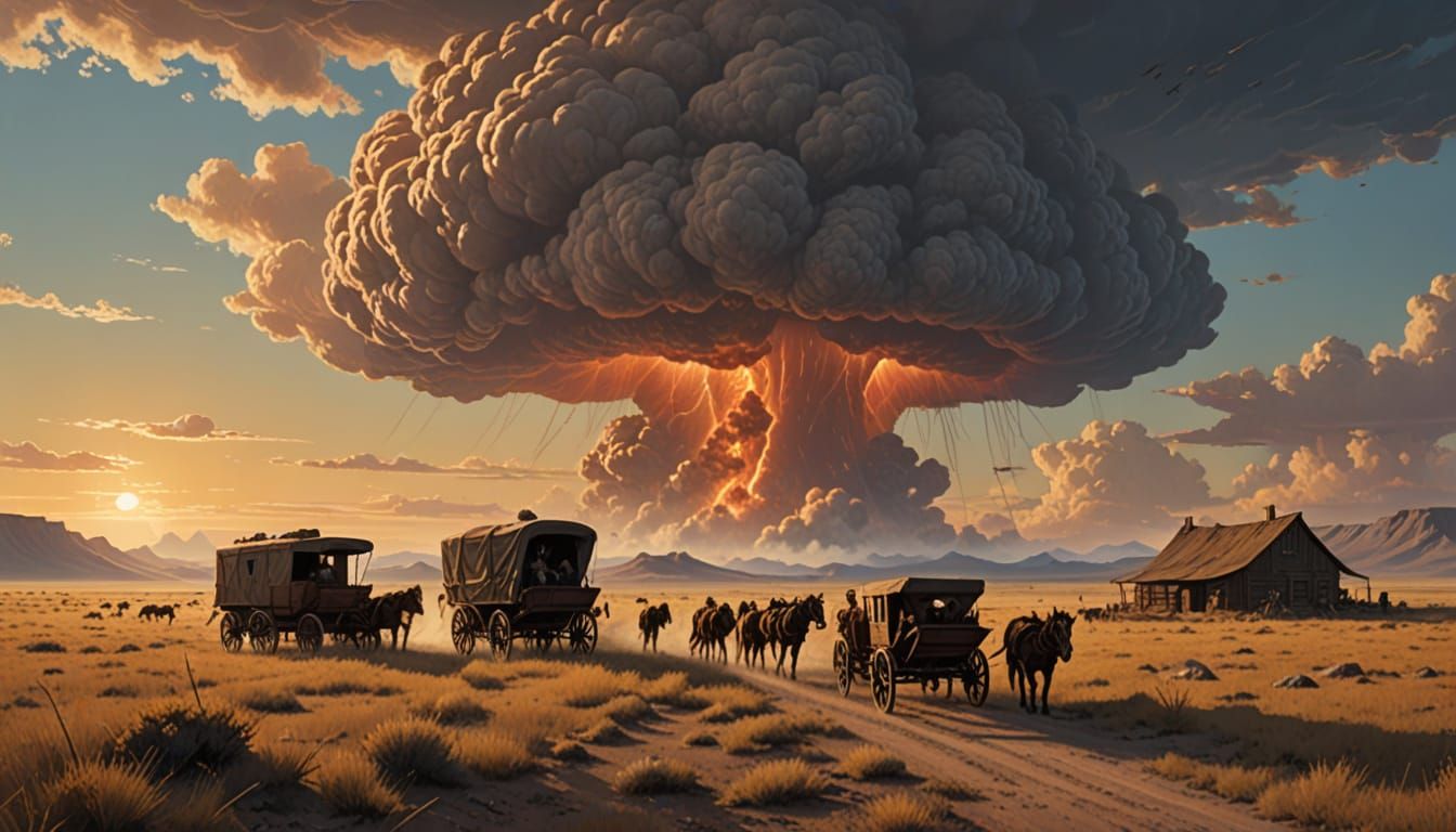 Epic Wagon Train Under Atomic Cloud in a Sweeping Cinematic ...