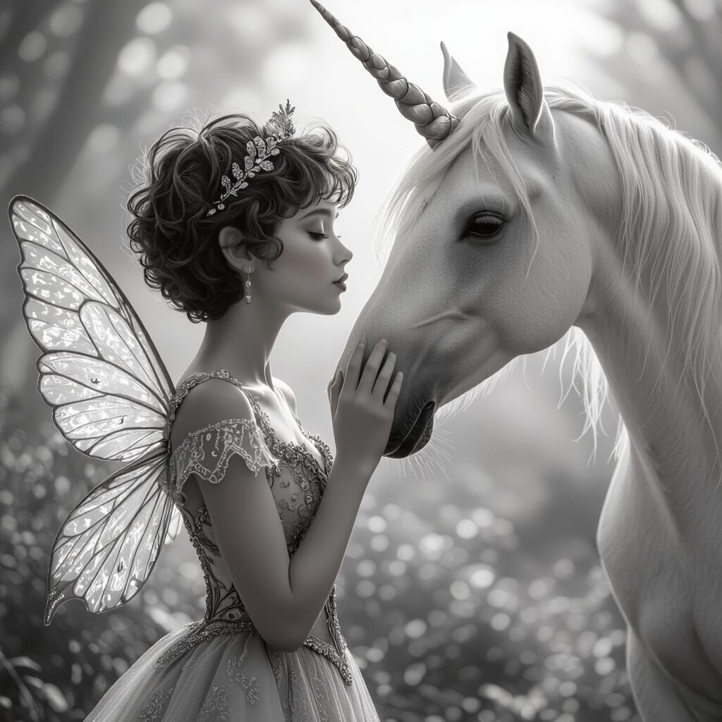 Fairy Kisses Unicorn in Grayscale Photorealism