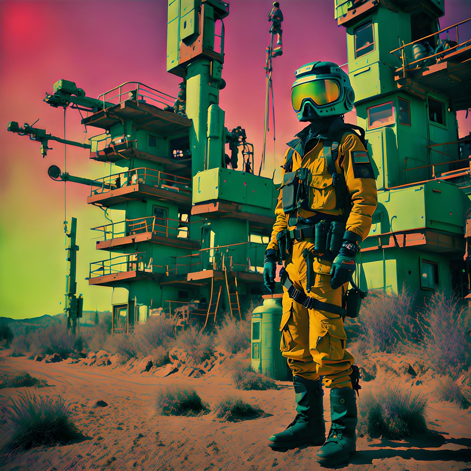 Cyberpunk Ranger in Rural Plaza: 90s Style Photo