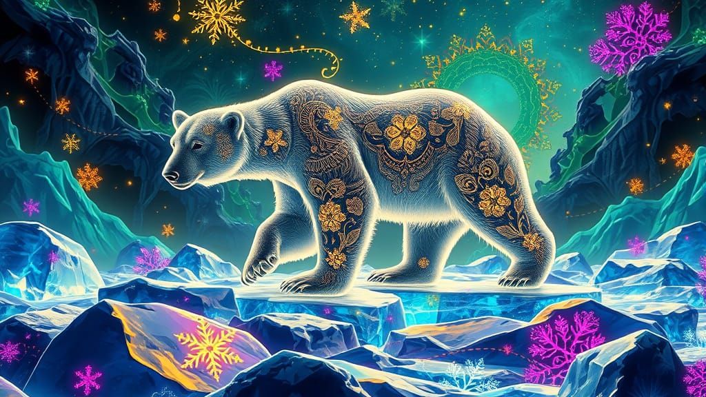 Bioluminescent Polar Bear on Icy Rocks in Fractal Landscape