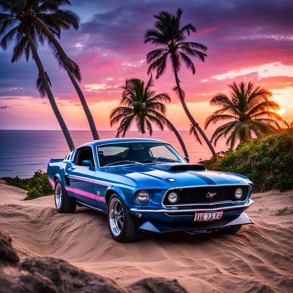Blue Mustang and Motorbike at Coastal Sunrise
