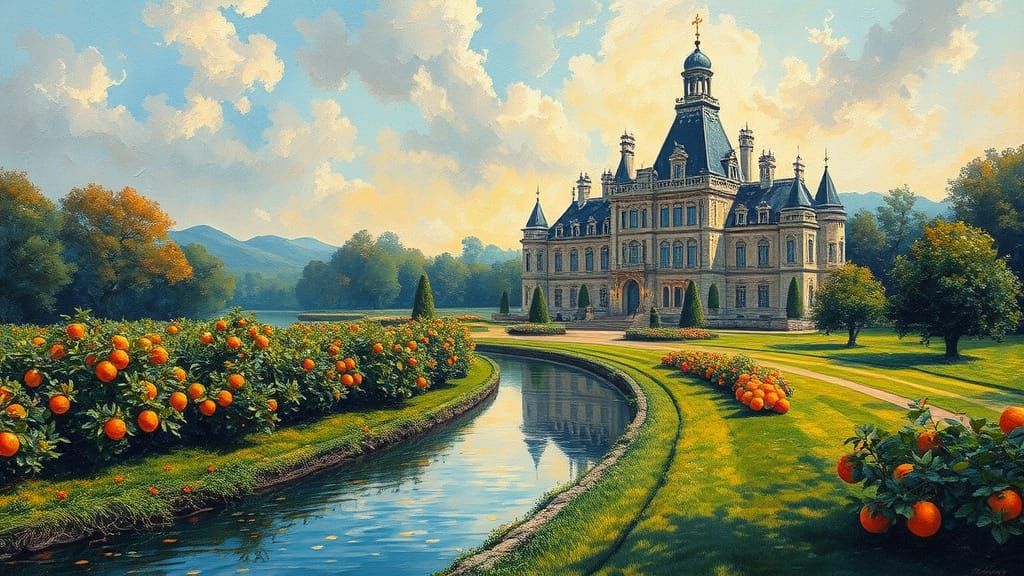 Luxury Chateau and Orange Farm in Expressionist Style