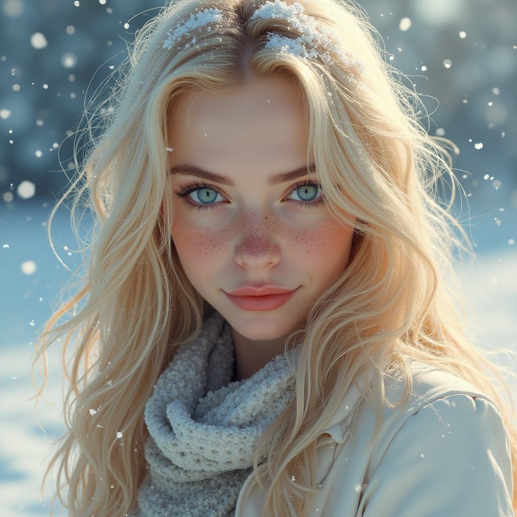 Beautiful Woman with Blonde Hair in Winter Wonderland