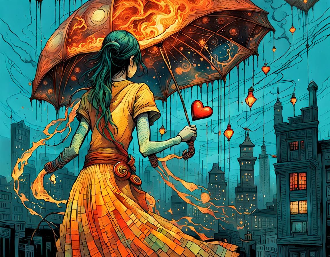 Fiery Heart: Digital Art in Kale and Teal