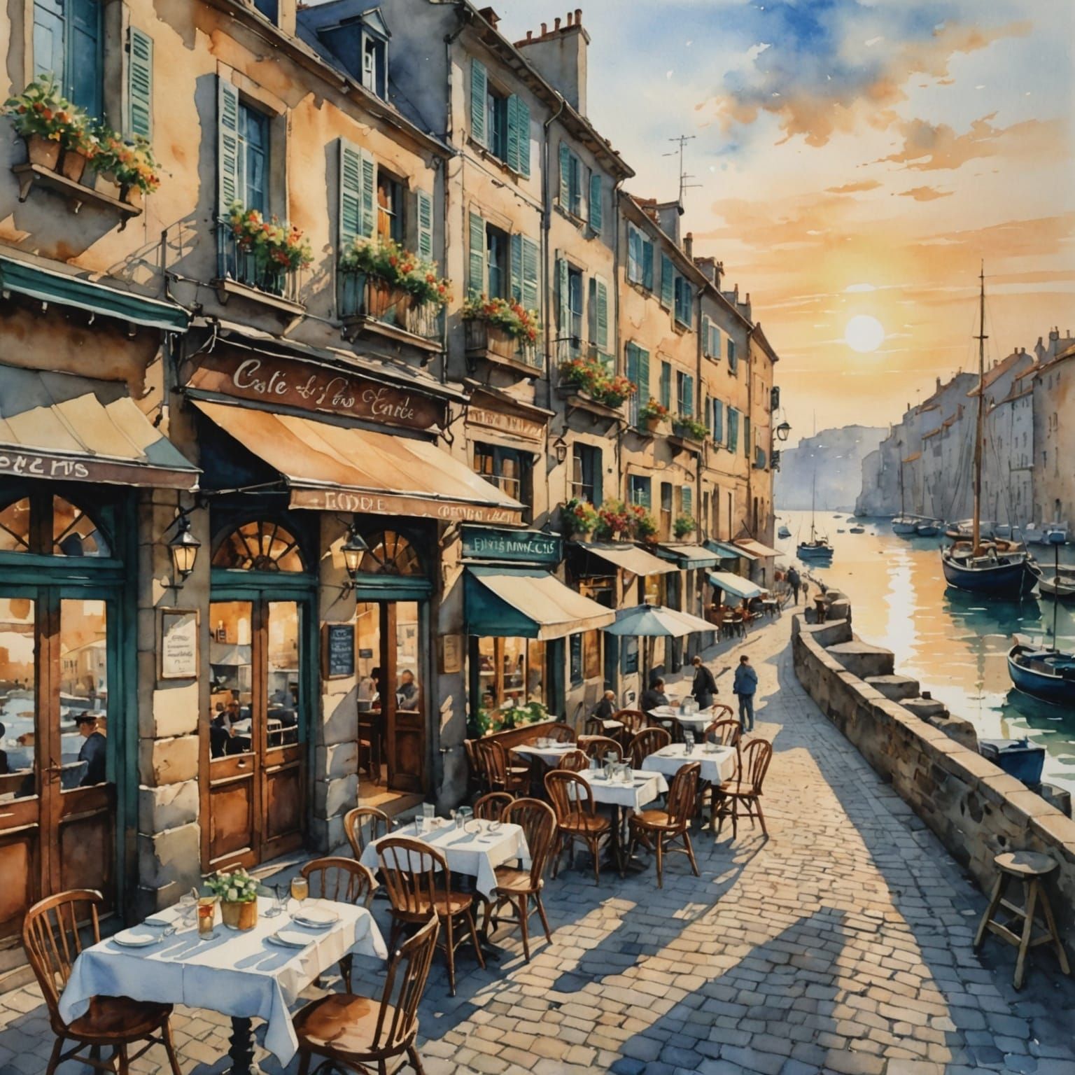 Watercolor Cafe Scene in French Bay at Sunset
