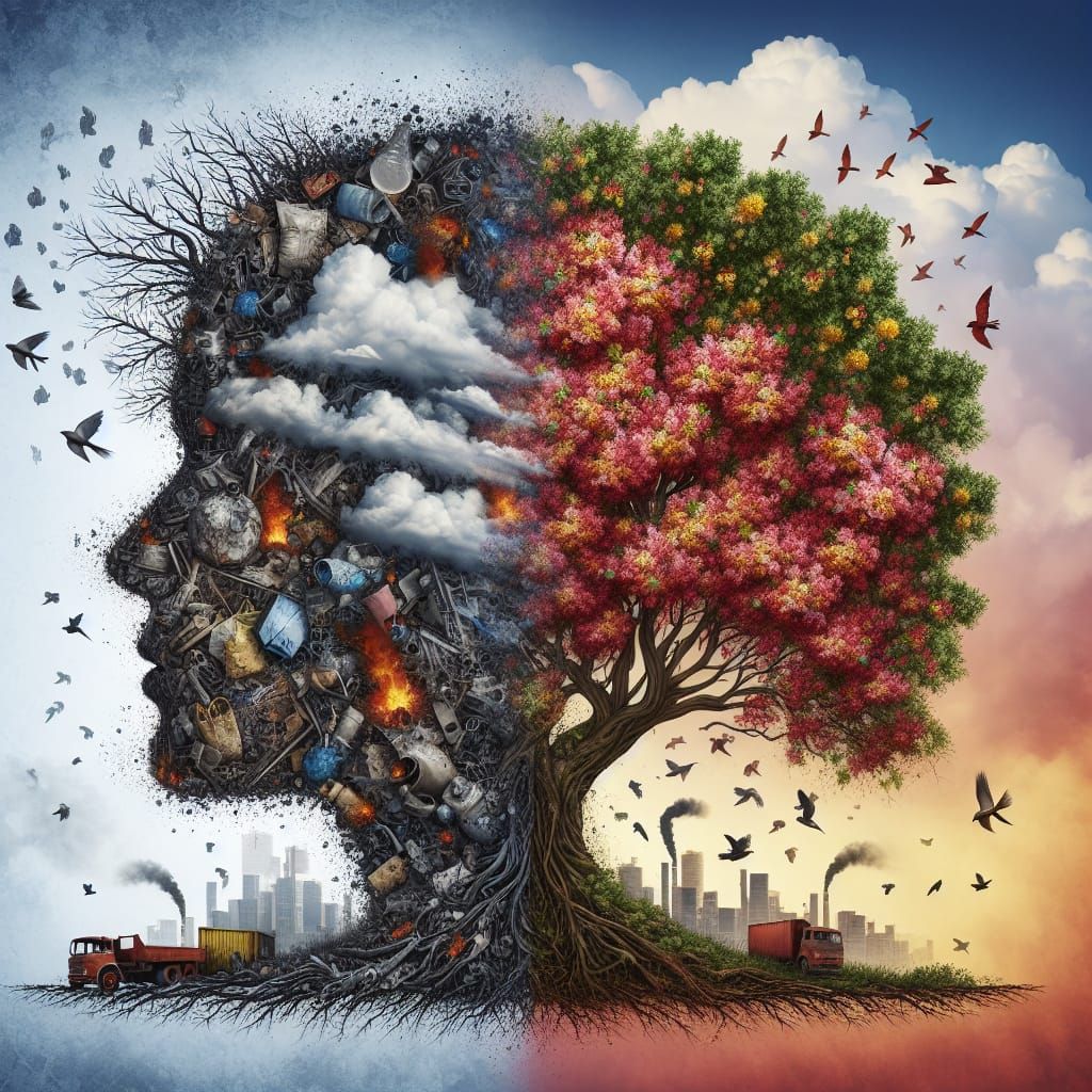 Double Exposure Silhouette: Pollution vs. Thriving Nature