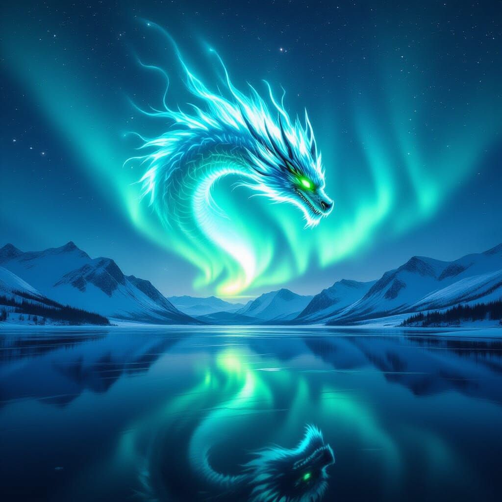 Celestial Dragon Aurora Borealis Over Frozen Peaks