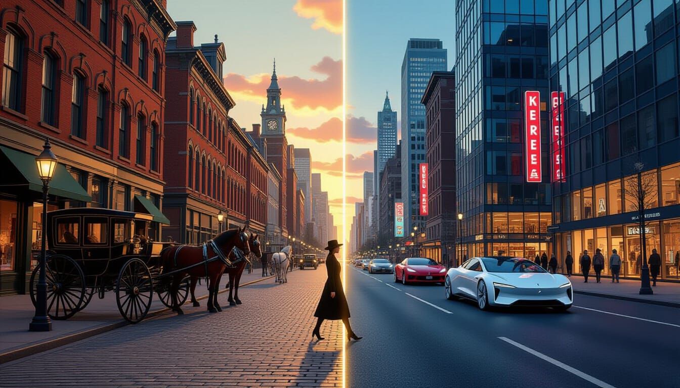 City Street Split Between Eras in Cyberpunk Style