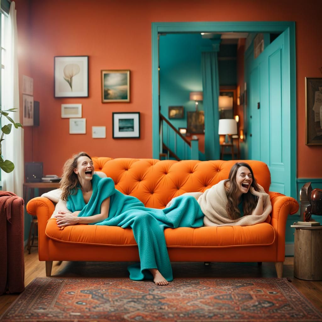 Women Laughing Together on Orange Couch