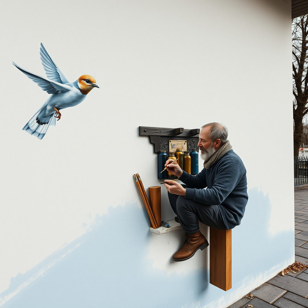 Photorealistic Mural of a Plate with Bird