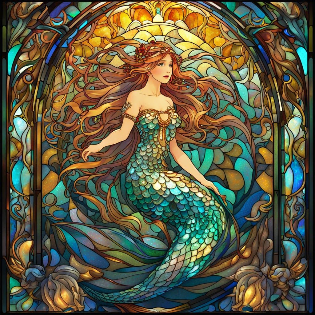 Art Nouveau Mermaid in Stained Glass Style