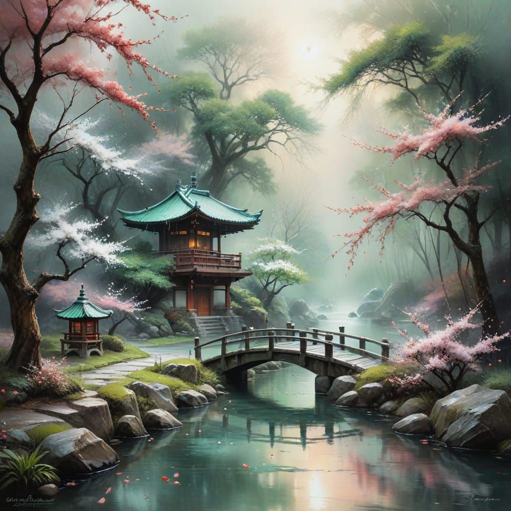 Japanese Tea House in Cherry Blossom Garden, Impasto Paintin...