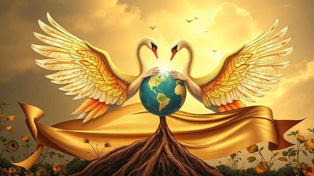 Women Rise with Swan Wings, Adorned in Golden Period Pattern...