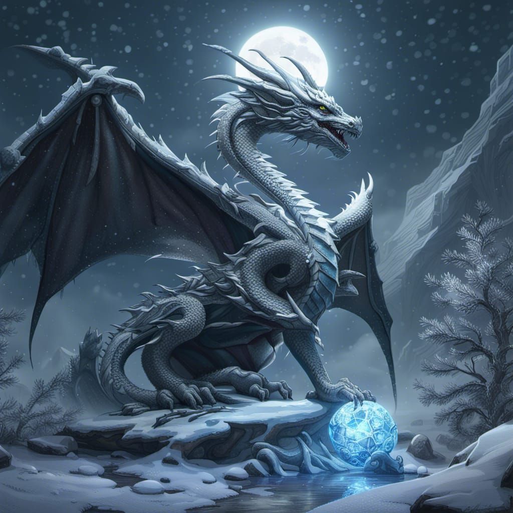 Icy Dragon in Moonlight: Dark Fantasy Art