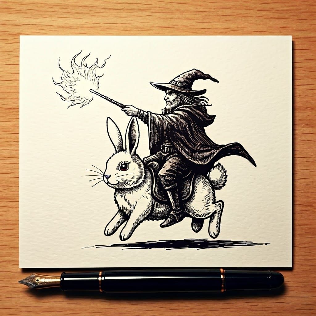 Wizard on Bunny: Cross-Hatched Ink Sketch