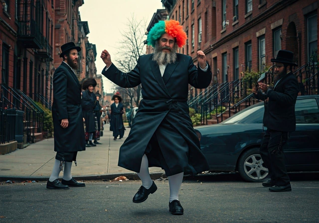 Joyful Hasidic Men Celebrate Purim in Colorful Clown Hats