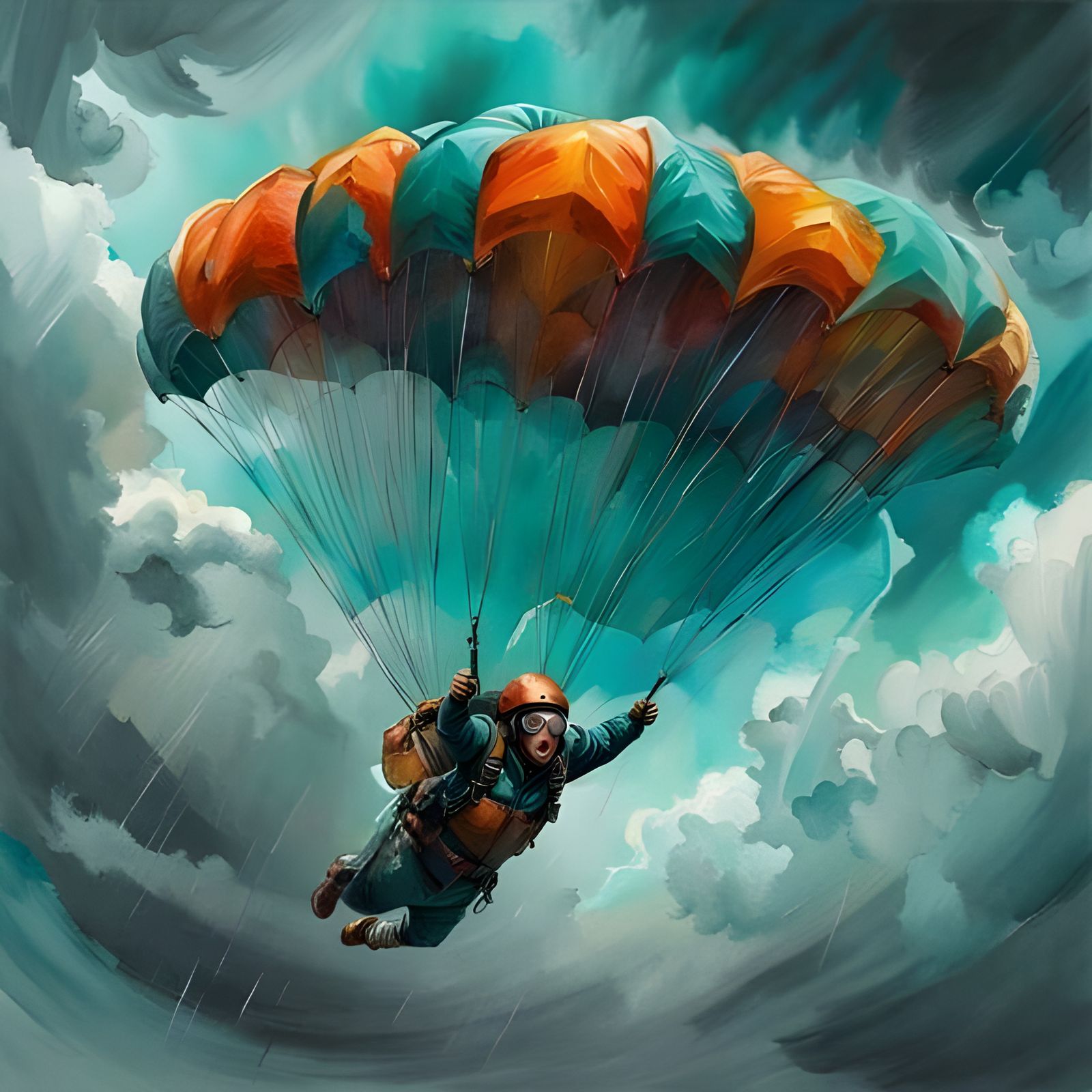 Woman Skydiving During Storm in Watercolor Style
