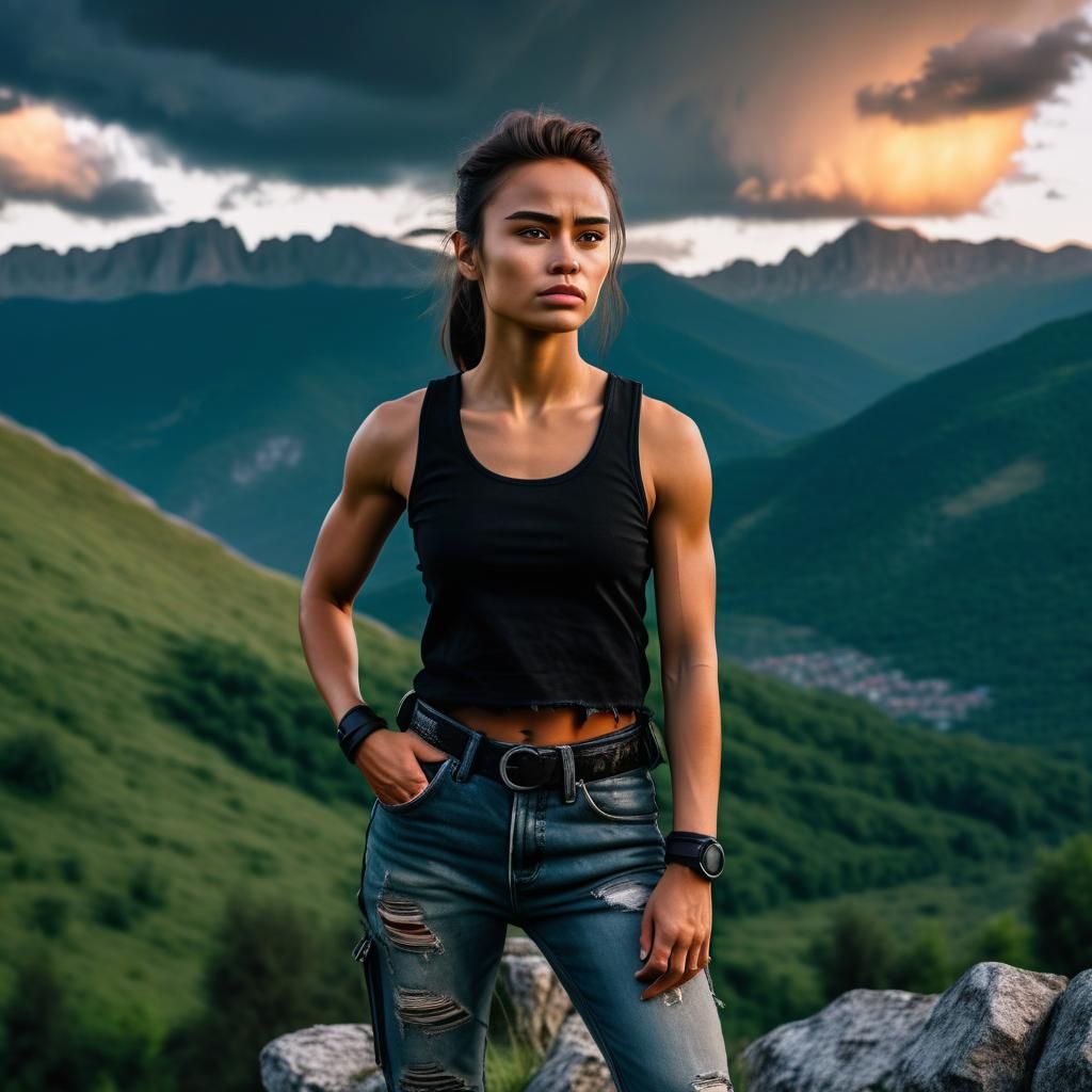 Strong Woman in Mountain Landscape, Hyperrealistic Image