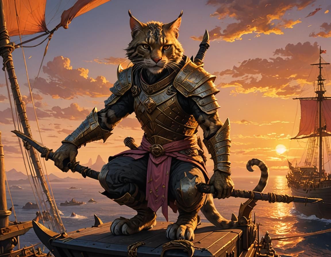 Khajiit Warrior Overlooking Sea in Fantasy Art Style
