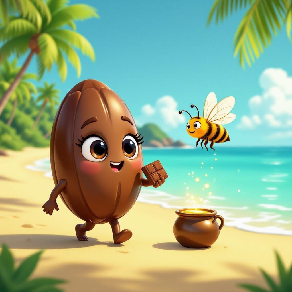 Cute Cocoa Character on Tropical Island, Pixar Style