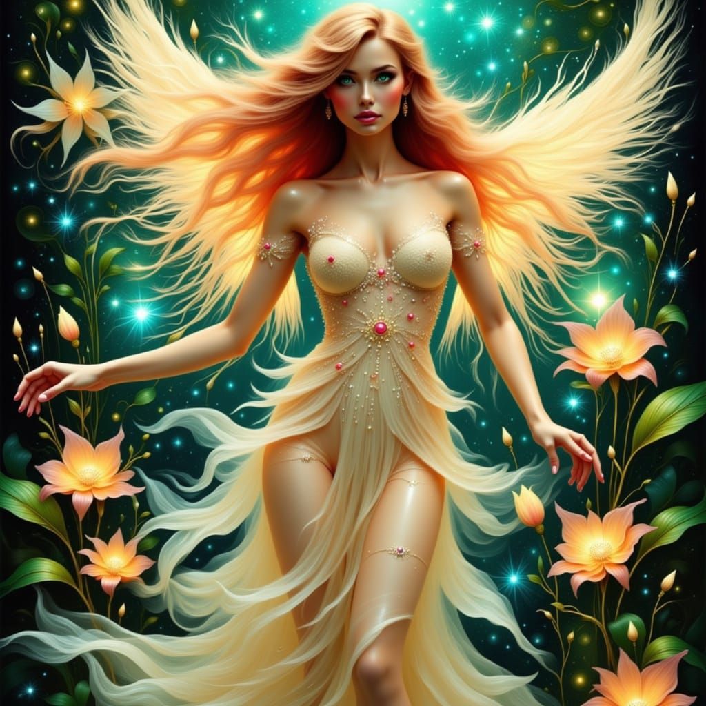 Ethereal Woman Levitating Above Alien Flowers in Art Nouveau...